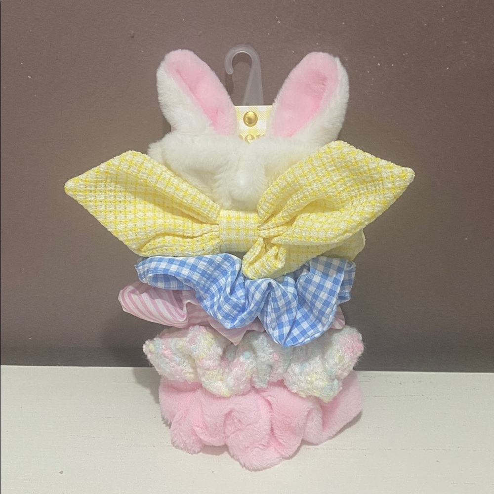 PIPER K SPRING BUNNY EARS PINK BLUE PLAID BOW PLUSH HAIR TIES SCRUNCHIES